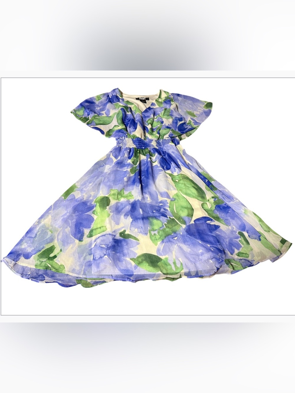 DKNY Floral V-Neck Smocked Waist Flutter Sleeveless Dress Women’s Size 2 - Picture 10 of 16